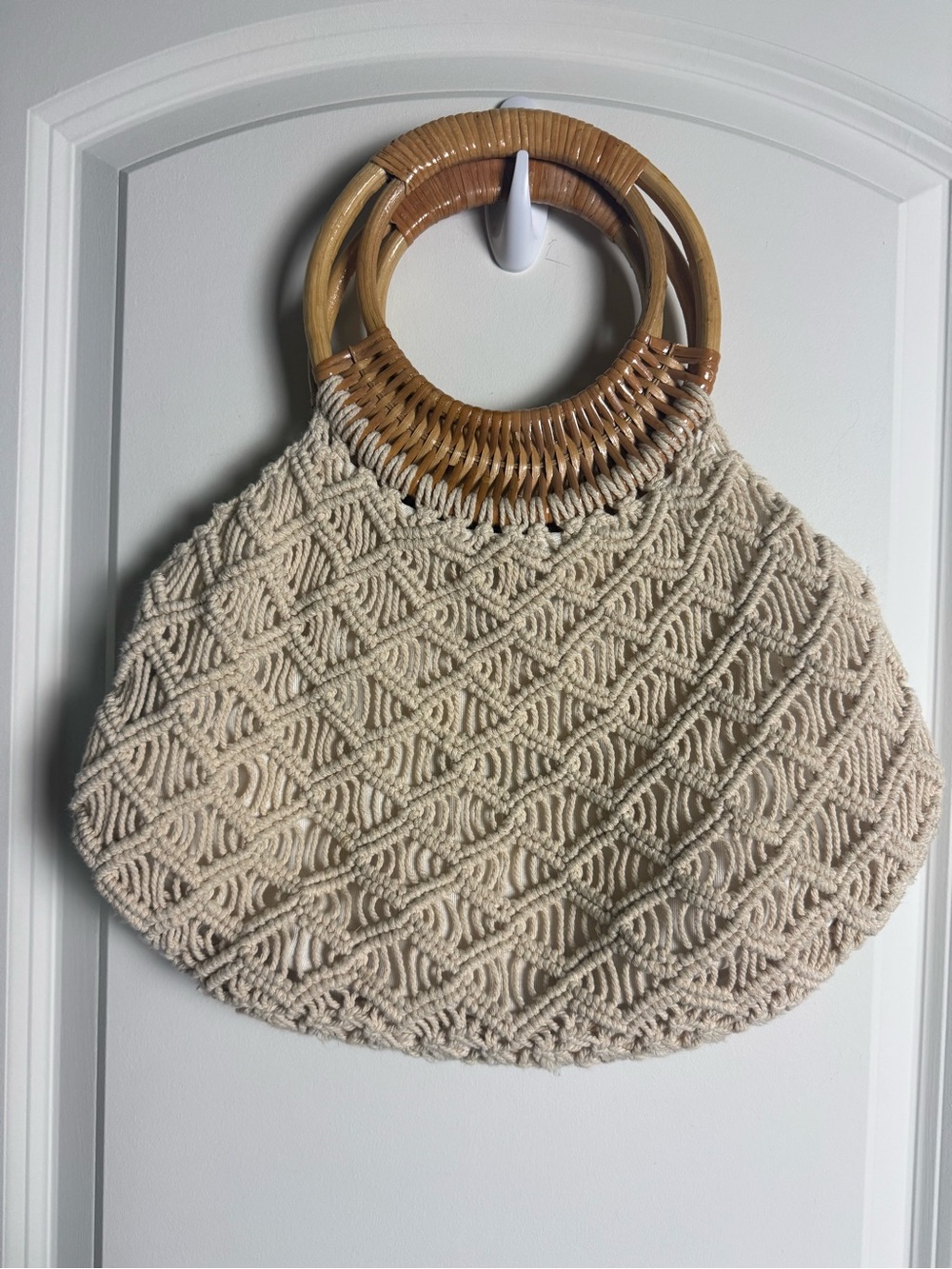 Madison Studio Cream Macramé Tote with Bamboo Ring Handles